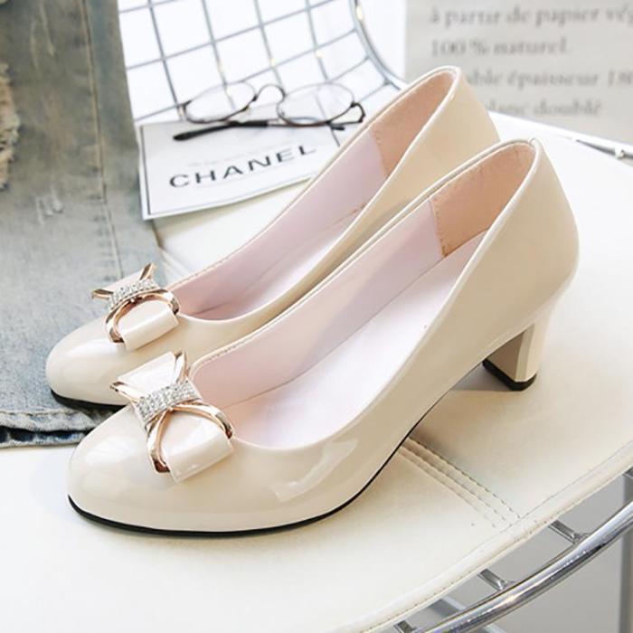 Elegant Pure Color Thick Heel Shoes With Bow-Knot