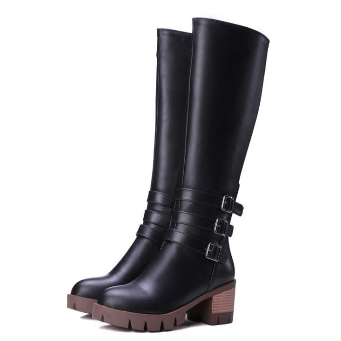 Belt Buckle Chunky Knee High Boots for Women 4002