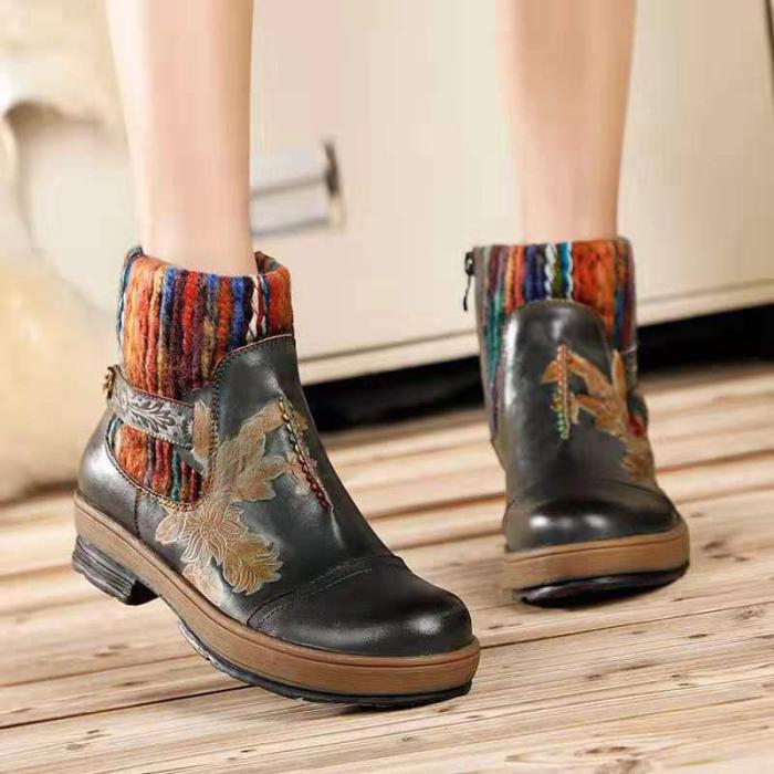 Ethnic Style Embroidery Chunky Heel Round Toe Martin Boots