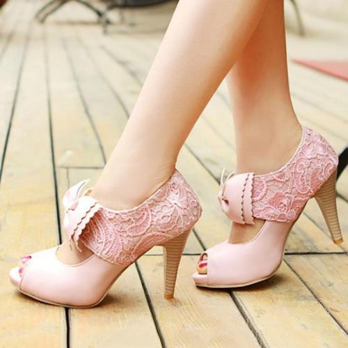 Elegant Lace Bow-Knot Fish Mouth High Heel Shoes