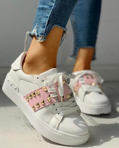 Colorblock Studded Lace-Up Casual Sneakers
