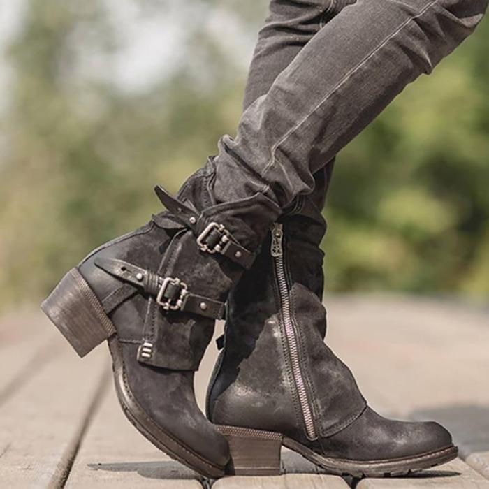 Womens Vintage Buckle Side Zipper Boots