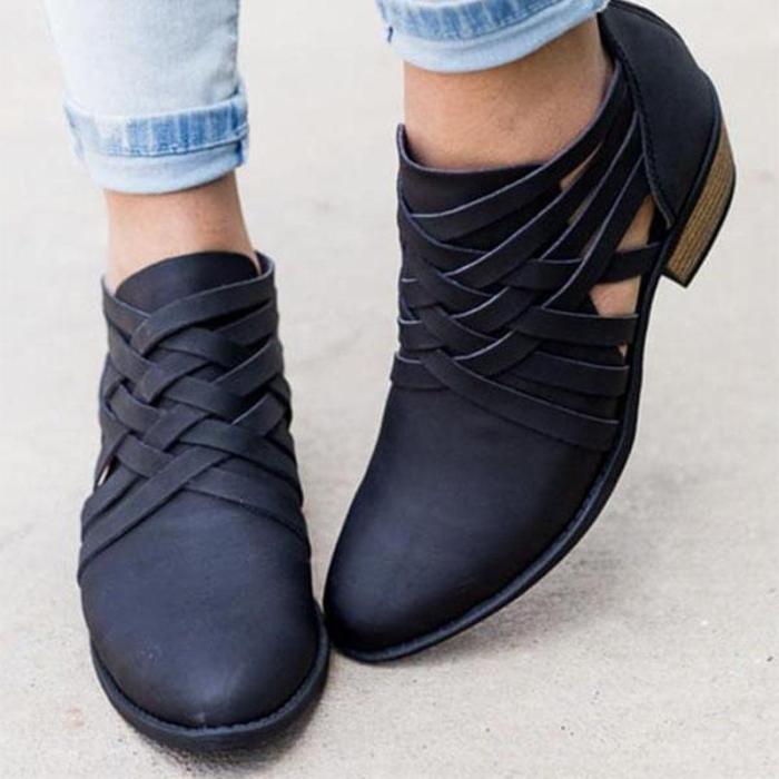 Plus Size Criss-Cross Ankle Heel Booties Hollow-out PU Boots