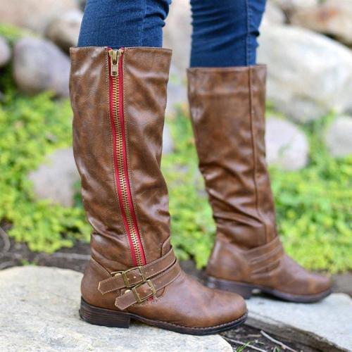 Womens Knee-High Low Heel Round Toe Riding Boots