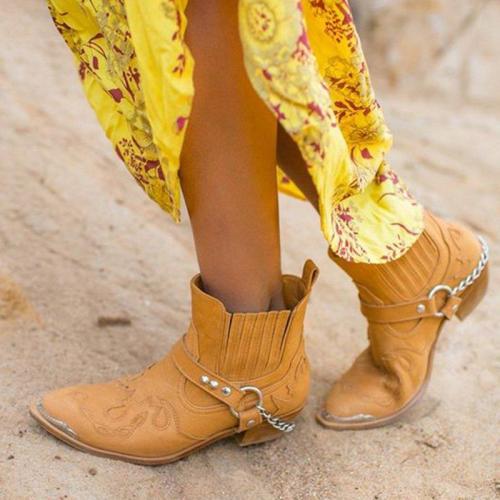 Women Pointed Toe PU Vintage Casual Chunky Heel All Season Ankle Boots