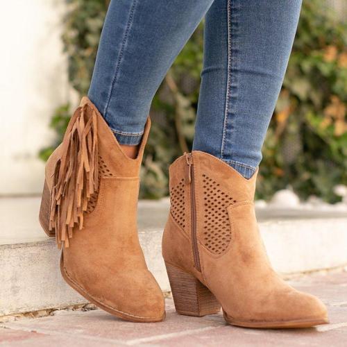 Plus Size Tassel Boho Suede Chunky Heel Ankle Boots