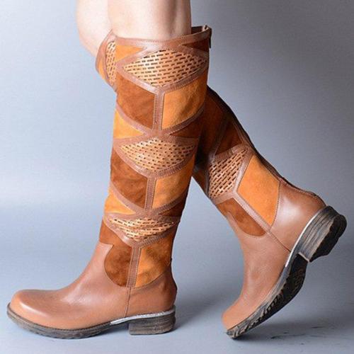 Slip On Low Heel Patchwork Boots Womens Knee High Fashion Winter Boots