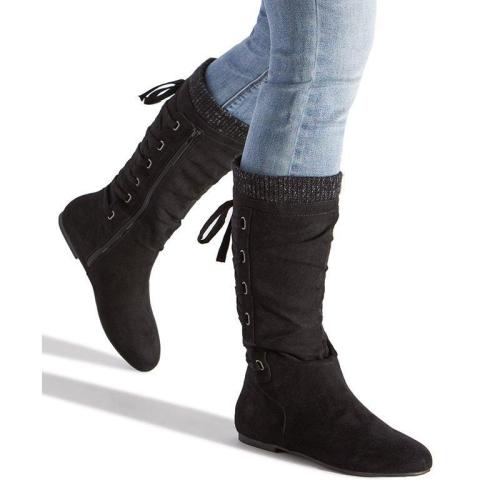 Women Winter Lace-Up Sweater Knit Knee-High Boots