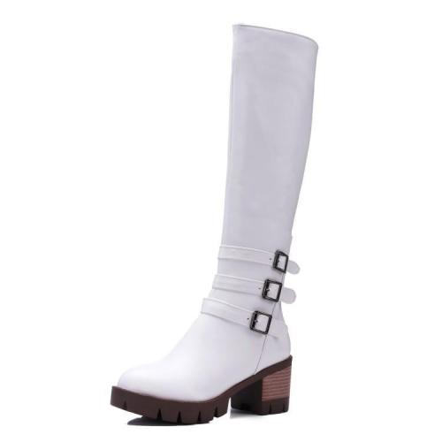 Belt Buckle Chunky Knee High Boots for Women 4002