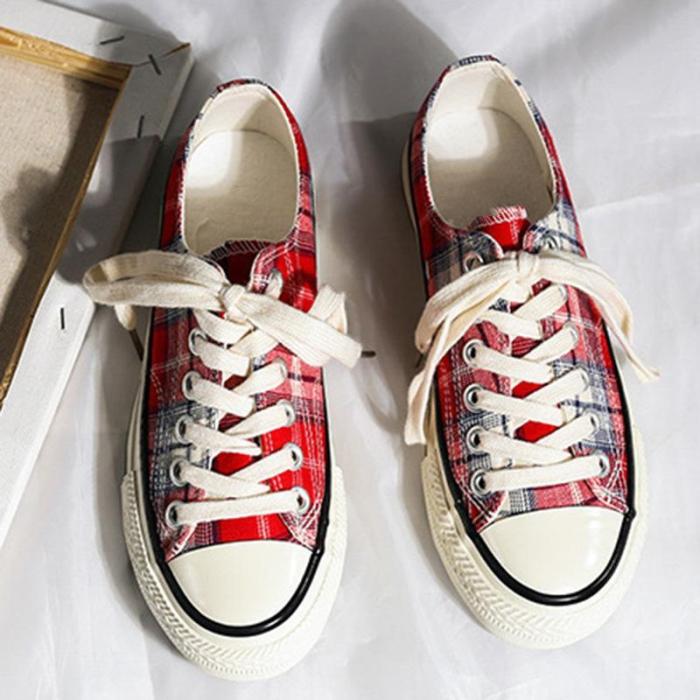 New Grid Canvas Shoes Retro Round Toe Lace-Up Women's Sneakers