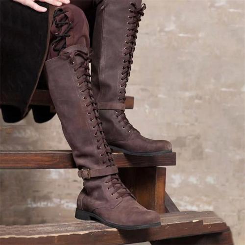 Plus Size Vintage Lace Up Knee High Leather Boots Halloween Cosplay Medieval Boots