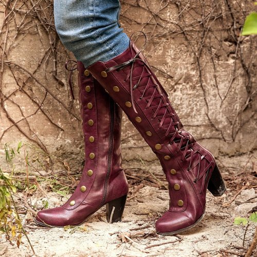 Retro Button Lace Up Side Zipper Chunky Heel Boots