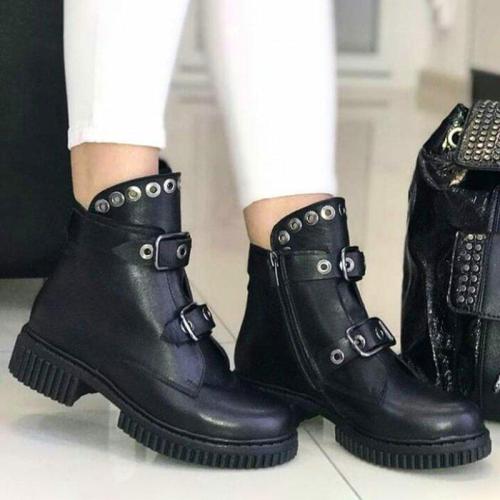 Women Round Toe Buckle Casual Pu Low Heel Spring Motor Ankle Boots