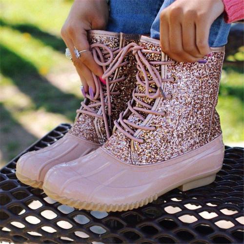 Women Casual Lace-Up Sparkling Glitter Pu Boots