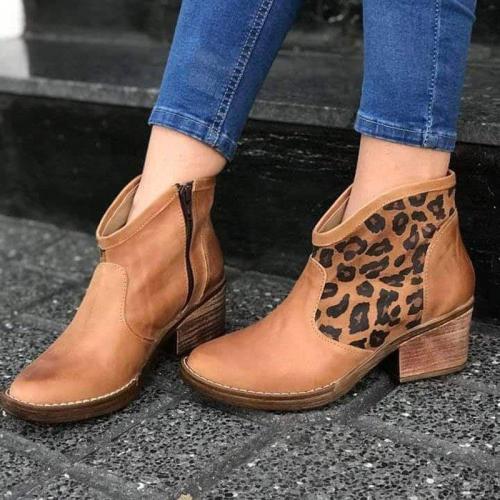 Block Heel Zipper Boots Patchwork Artificial Leather Leopard Ankle Boots