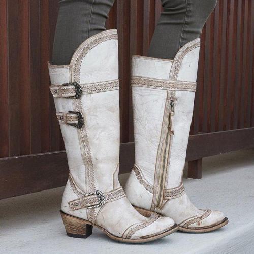 Women Vintage Round Toe Casual Chunky Heel Zipper Knee Boots