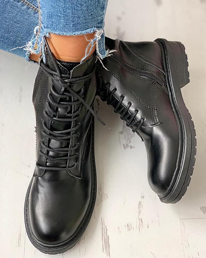 Solid Lace-Up Chunky Heeled Boots