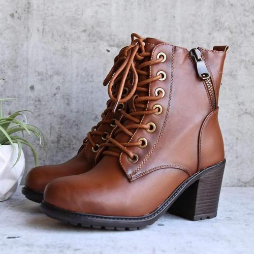 Plus Size Vintage Leather Chunky Heel Martin Boots