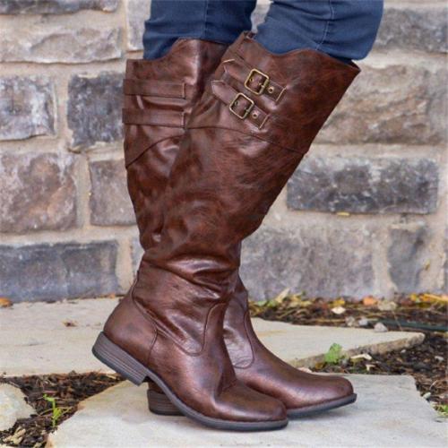 Women Casual Double-Buckle Knee-High Riding Boots
