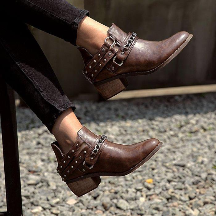 Brown Round Toe Med (3-8Cm) Chunky Heel Women Boots