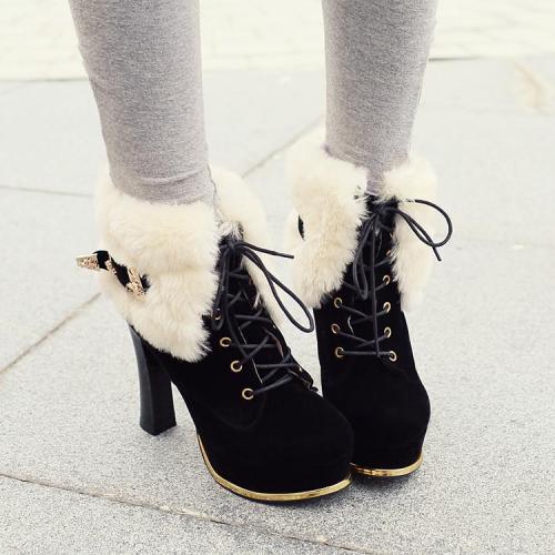 Lace Up Fur High Heels Platform Short Boots Plus Size Women Shoes 6555