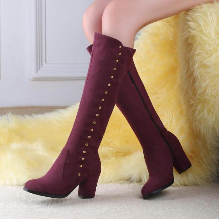 Studded Knee High Boots Chunky High Heels Shoes for Woman 1372