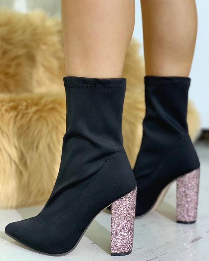 Point Toe Sequins Chunky Heeled Boots