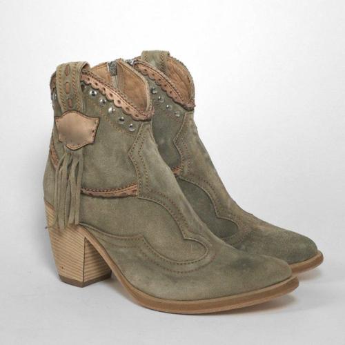 Chunky Heel Faux Suede Rivet Boots Fringe Ankle Boots