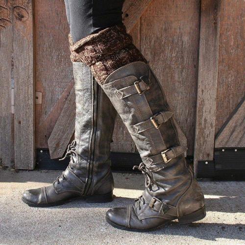 Buckle Pu Leather Long Boots Knee-High Vintage Fashion Boots With Zipper