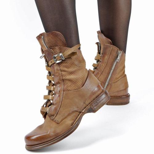 Adjustable Buckle Low Heel Artificial Leather Zipepr Ankle Boots