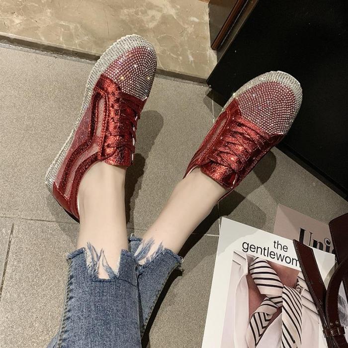 Tangnest New Loafers Women Platform Flats Faux Rhinestone Sneakers Lace-up Silver Solid Creepers Mujer Casual Flat Shoes XWD7708