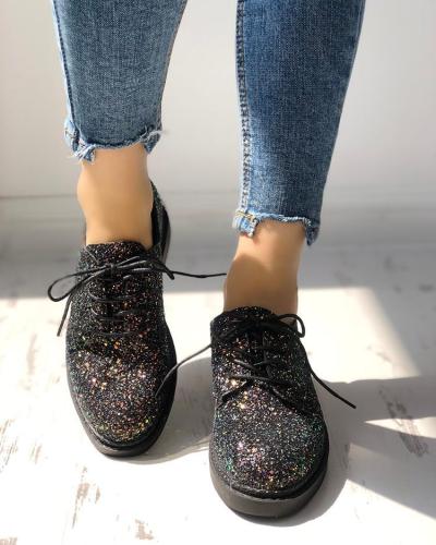 Glittering Sequined Round Toe Lace-up Sneakers
