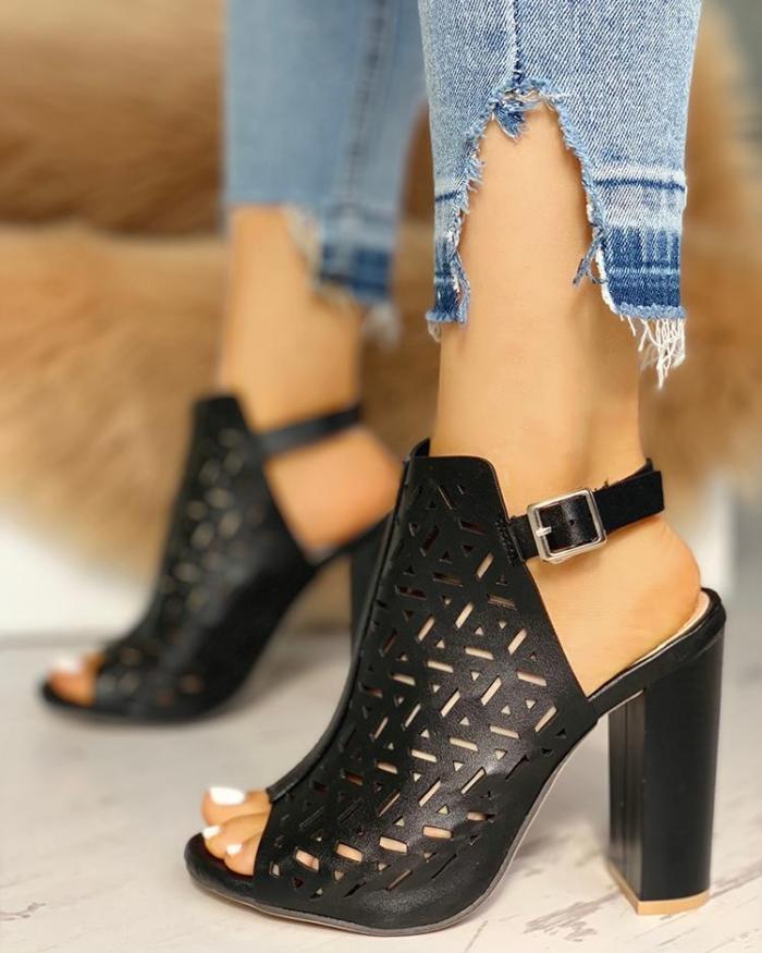 Hollow Out Peep Toe Buckle Chunky Heeled Sandals