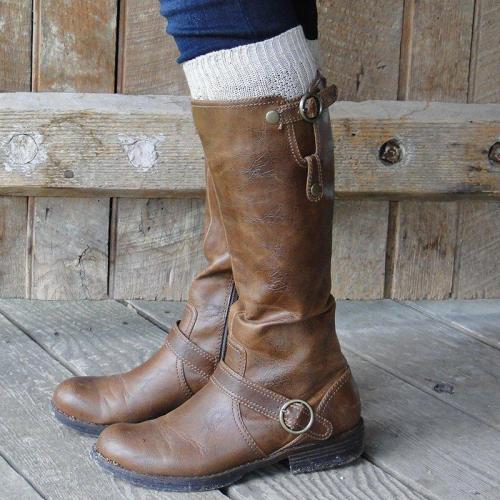Buckle Low Heel Boots Mid Calf Womens Pu Leather Boots