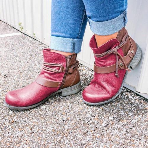 Color Block Strappy Boots Fashion Low Heel Artificial Leather Zipper Boots