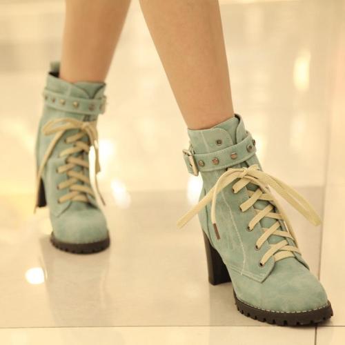 Lace Up High Heels Short Motorcycle Boots Plus Size Women Shoes 6690