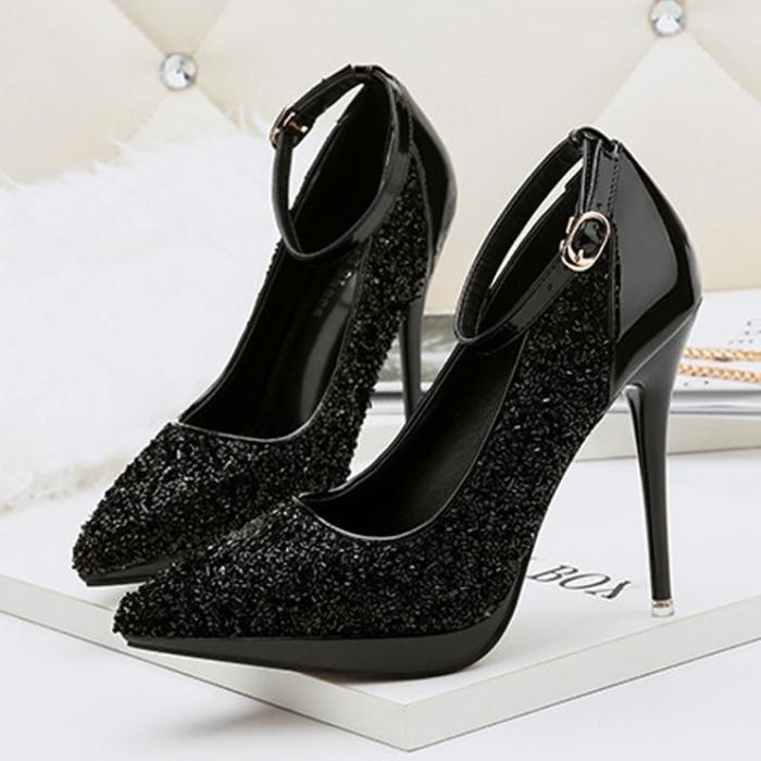 11.5 Cm Sequins Fashion Pointed Toe Slim Heels Shoes