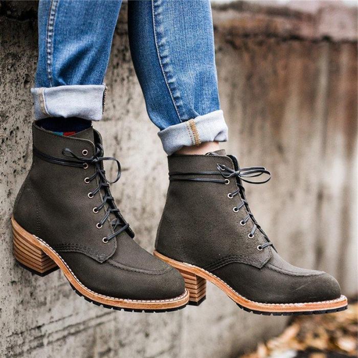 Women Casual Daily Chunky Heel Lace Up Ankle Boots