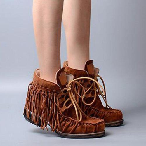 Fringe Ankle Boots Artificial Leather Block Heel Boho Boots
