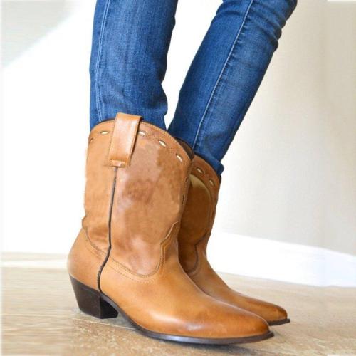 Cowgirl Ankle Boots Artificial Leather Slip-On Chunky Heel Boots