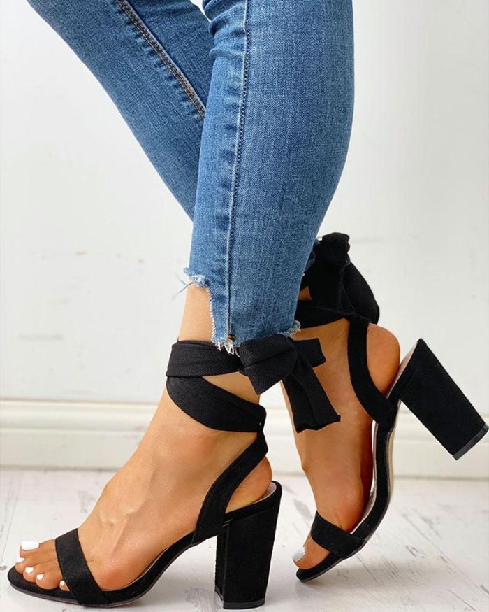 Suede Bandage Knotted Chunky Heeled Sandals