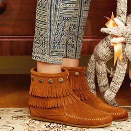 Buckle Flat Heel Artificial Leather Taseel Fringe Ankle Boots