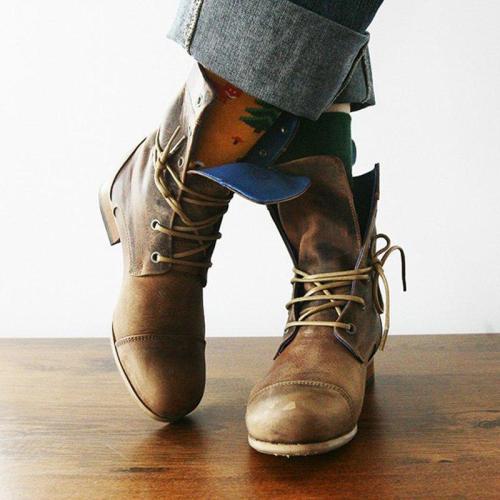 Brown Low Heel Artificial Leather Lace-Up Mid-Calf Boots