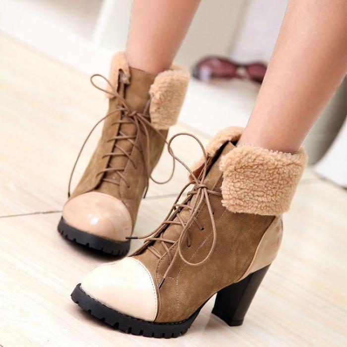 Lace Up Chunky Heels Short Boots Plus Size Women Shoes 3009
