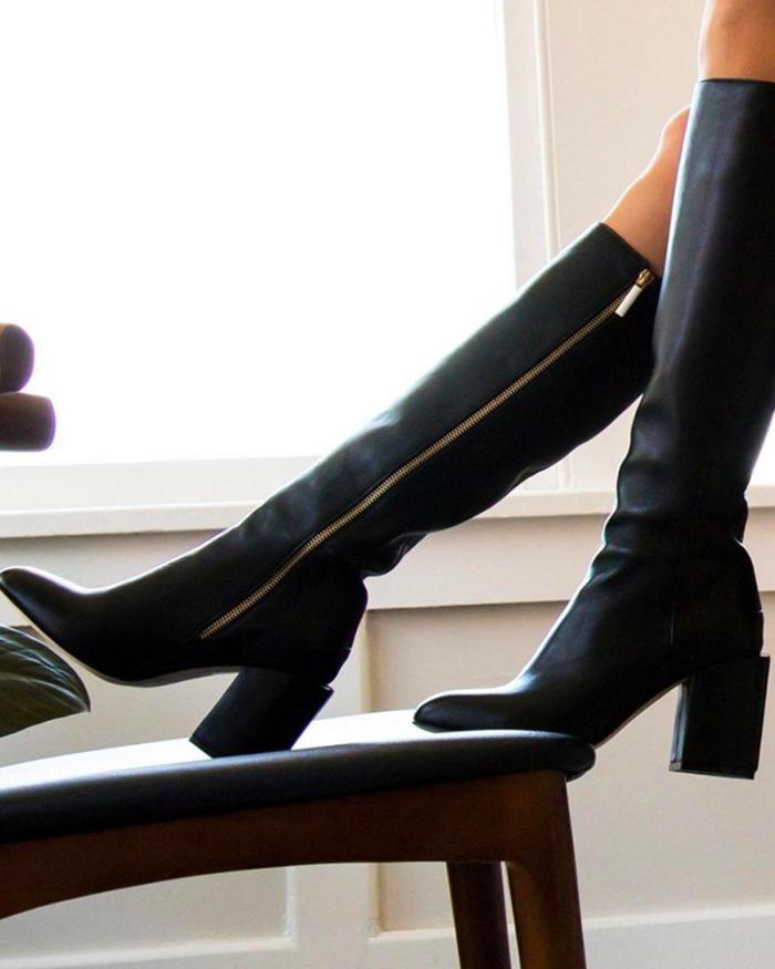Faux Leather Chunky Knee High Boots