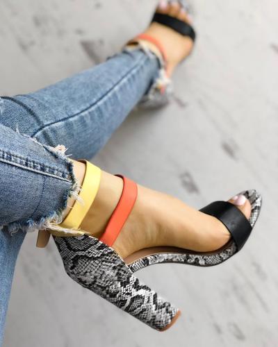 Contrast Color Snakeskin Buckled Chunky Heeled Sandals