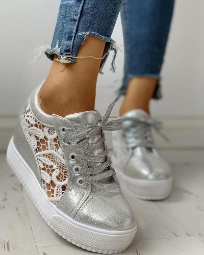 Solid Embroidery Breathable Lace-Up Sneakers