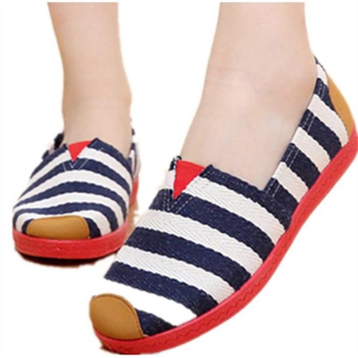 New Woman Canvas Slip On Casual Loafers Striped Flats Spring Ladies Cloth Moccasins Pattern Casual Lazy Shoes Female Fashion