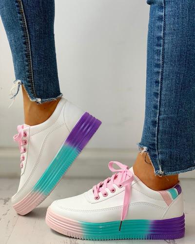 Colorblock Striped Lace-Up PU Sneakers
