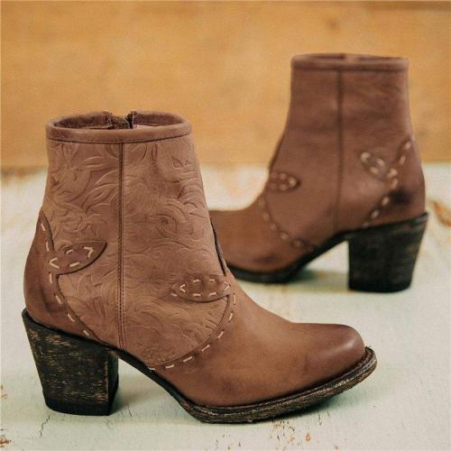 Women Vintage Texture Daily Chunky Heel Ankle Boots